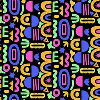 Abstract seamless pattern with colorful geometric shape doodles on black. Simple random shapes in bright childish colors. vector