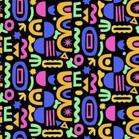 Abstract seamless pattern with colorful geometric shape doodles on black. Simple random shapes in bright childish colors. vector