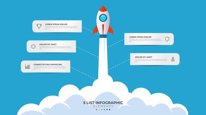5 list of steps, layout diagram with stair level sequence, infographic element template with rocket startup launch illustration