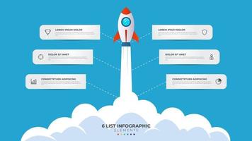 6 list of steps, layout diagram with stair level sequence, infographic element template with rocket startup launch illustration vector