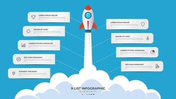 9 9 lista de pasos, diseño diagrama con escalera nivel secuencia, infografía elemento modelo con cohete puesta en marcha lanzamiento ilustración vector