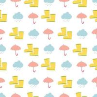cute cartoon seamless vector pattern with yellow rubber boots, umbrella and raining background. Endless backdrop with rainly weather, textile fabric or wrapping paper. Decorative doodle wallpaper.