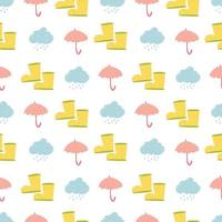 cute cartoon seamless vector pattern with yellow rubber boots, umbrella and raining background. Endless backdrop with rainly weather, textile fabric or wrapping paper. Decorative doodle wallpaper.