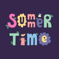 Hello Summer banner design. Season vocation, weekend, holiday poster, card, header for website. Summer Time cartoon vector Lettering text. Colorful holiday background with flowers, leaves, bird, bee