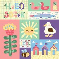 Hello summer vector illustration. Modern style graphic with seagull, sun, fish, bee, flower, Beach Huts. For a social media post, poster, cover, postcard, flyer, banner