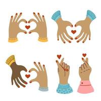 Collection with I love you heart sign. Korean finger heart from hands, fingers. Set of Valentine day and expressions, romantic relationship, message of love hand gesture, shape heart with both hands vector