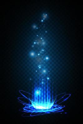 Blue Magic fantasy portal. Futuristic teleport. Light effect. Blue candles rays of a night scene with sparks on a transparent background. Empty light effect of the podium. Disco club dancefloor.