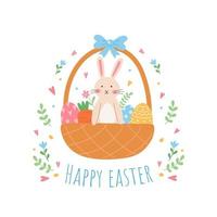 Happy Easter greeting card. Bunny or rabbit in a basket with eggs. Cute vector flat cartoon illustration.