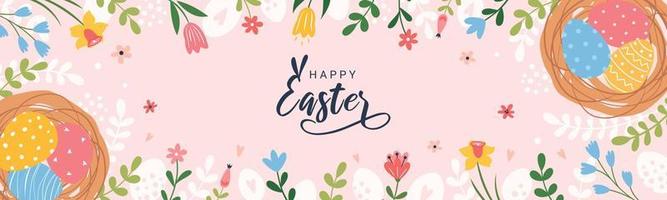 Happy Easter. Horizontal banner, greeting card, poster, holiday cover. Modern beautiful design with typography, flowers, easter eggs, branches. Vector festive banner.