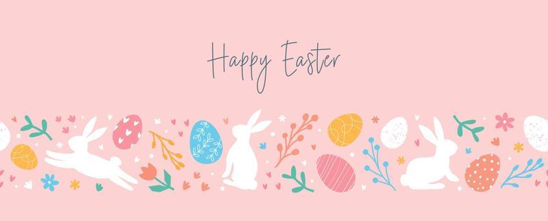 Happy Easter. Lovely Easter horizontal banner with pattern by eggs, doodles, bunnies, flowers. Easter festive border. Suitable for textiles, greeting cards, wallpaper, wrapping paper.