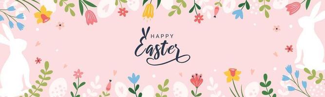 Happy Easter. Horizontal banner, greeting card, poster, holiday cover. Modern beautiful design with typography, flowers, easter eggs, branches. Vector festive banner.