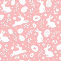 Cute hand drawn Easter seamless pattern with bunnies, flowers, easter eggs, beautiful pink background. Suitable for Easter cards, banner, textiles, wallpapers. Vector illustration.