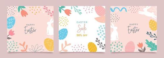 Happy Easter. Set of banners, greeting cards, posters, holiday covers. Modern abstract design with typography, doodles, eggs and bunny, organic nature shapes. Trendy minimalist style. vector