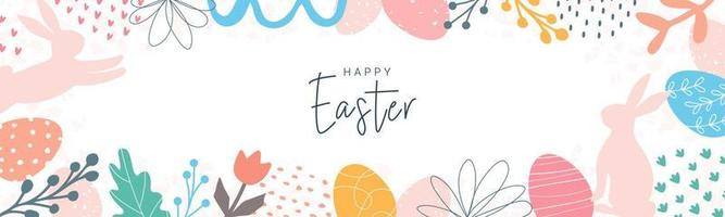 Happy Easter. Horizontal banner, greeting card, poster, holiday cover. Modern abstract design with typography, doodles, eggs and bunny, organic nature shapes. Trendy minimalist style. vector