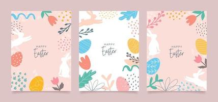 Happy Easter. Set of banners, greeting cards, posters, holiday covers. Modern abstract design with typography, doodles, eggs and bunny, organic nature shapes. Trendy minimalist style. vector