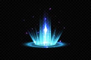 Blue Magic fantasy portal. Futuristic teleport. Light effect. Blue candles rays of a night scene with sparks on a transparent background. Empty light effect of the podium. Disco club dancefloor. vector