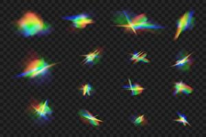 Crystal and jewelry, prism, glare. Rainbow glowing sparkles vector set.Realistic diamond reflection, rainbow light optical effect Colorful collection, bright spectrum glow rays.