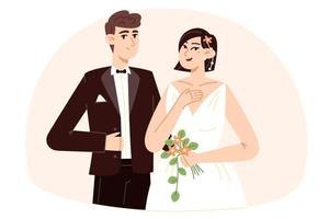 novia con un ramo de flores y novio en la boda, ilustración de estilo plano vector