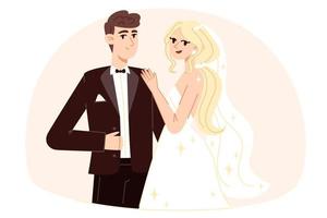 Bride with a bouquet of flowers and groom at the wedding, flat style illustration vector
