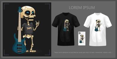 T-shirt design featuring a cute skull holding a bass complete with mockup. vector