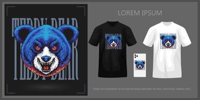 Creepy teddy bear head t-shirt design complete with mockup. vector