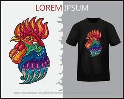 Colorful rooster head mandala arts isolated on black t-shirt. vector