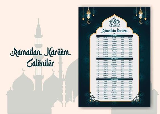 Ramadan time calendar 2023 With Prayer times in Ramadan. Ramadan Schedule - Fasting, Iftar, and Prayer timetable. Islamic background design with mosque and lamp.