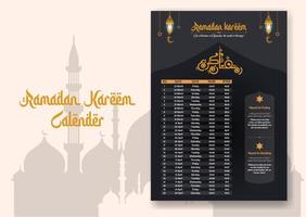 Ramadán hora calendario 2023 con oración veces en Ramadán. Ramadán calendario - ayuno, iftar, y oración calendario. islámico antecedentes diseño con mezquita y lámpara. vector