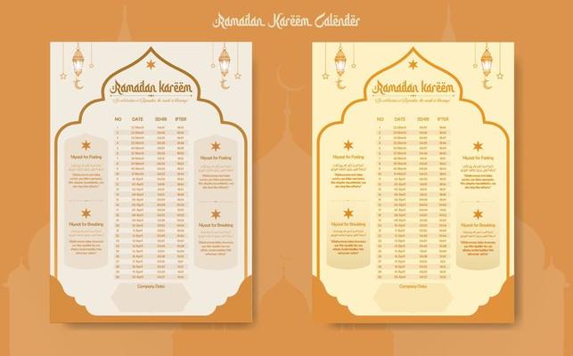 Ramadan time calendar 2023 With Prayer times in Ramadan. Ramadan Schedule - Fasting, Iftar, and Prayer timetable. Islamic background design with mosque and lamp.