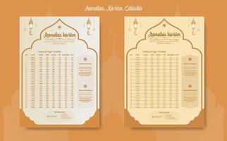 Ramadan time calendar 2023 With Prayer times in Ramadan. Ramadan Schedule - Fasting, Iftar, and Prayer timetable. Islamic background design with mosque and lamp. vector