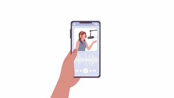 Animated hand holding mobile phone. Playing podcast on smartphone. Flat character arm animation on white background with alpha channel transparency. Color cartoon style 4K video footage