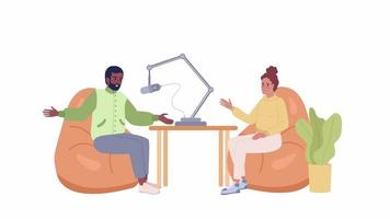 Animated video podcast with friend. Podcaster speaking into microphone. Flat characters animation on white background with alpha channel transparency. Color cartoon style 4K video footage