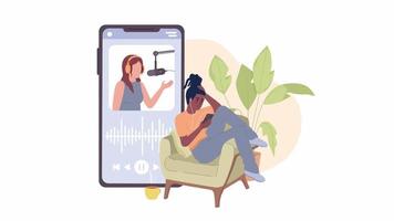 Animated listening to podcast record. Watching female blogger on mobile phone. 2D cartoon flat character 4K video footage on white with alpha channel transparency. Concept animation for web design