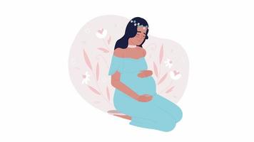 Animated pregnancy mental wellbeing. Soon-to-be mother hugging belly. Flat 2D character 4K video footage. Color isolated animation with alpha channel transparency for web design, website, social media