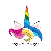linda unicornio cara con pastel arco iris flores aislado vector