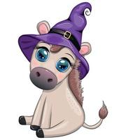 Cute donkey in purple witch hat, with broom, pumpkin, potion. Halloween card for the holiday. vector