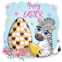 Zebra with Easter egg, flowers. Easter greeting card vector