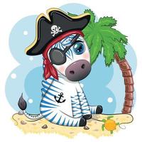 Cute zebra pirate in a cocked hat with an eye patch. Pirates and treasures, islands and palm trees vector