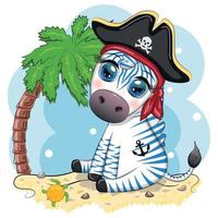 Cute zebra pirate in a cocked hat with an eye patch. Pirates and treasures, islands and palm trees vector