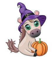 Cute horse, pony in a purple witch hat, with a broom, pumpkin, potion. Halloween card for the holiday vector