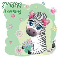 Striped zebra in a wreath of flowers, with a bouquet. Spring is coming vector