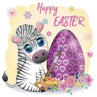 Zebra with Easter egg, flowers. Easter greeting card vector