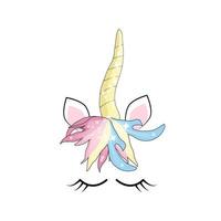 linda unicornio cara con pastel arco iris flores aislado vector