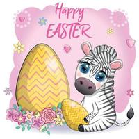 Zebra with Easter egg, flowers. Easter greeting card vector