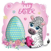 Zebra with Easter egg, flowers. Easter greeting card vector