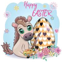 Cute horse with an Easter egg. Easter character and postcard vector