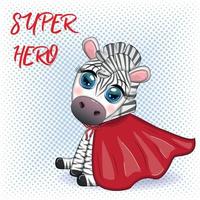 Striped zebra in a red coat. super hero child character vector