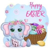 Cute cartoon elephant, childish character with beautiful eyes holding easter egg vector