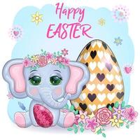 Cute cartoon elephant, childish character with beautiful eyes holding easter egg vector