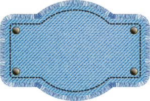 Blue denim patch with stitch, rivets and fringe. Light blue denim. Vintage patch png